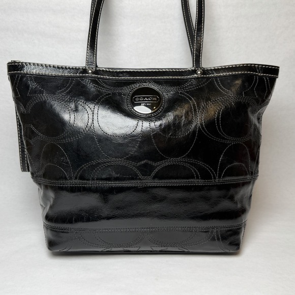 Coach Signature Logo Black Patent Leather Stitch Tote Shoulder Bag Double F15142 - Picture 3 of 16